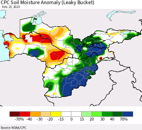 Central Asia CPC Soil Moisture Anomaly (Leaky Bucket) Thematic Map For 2/21/2023 - 2/25/2023