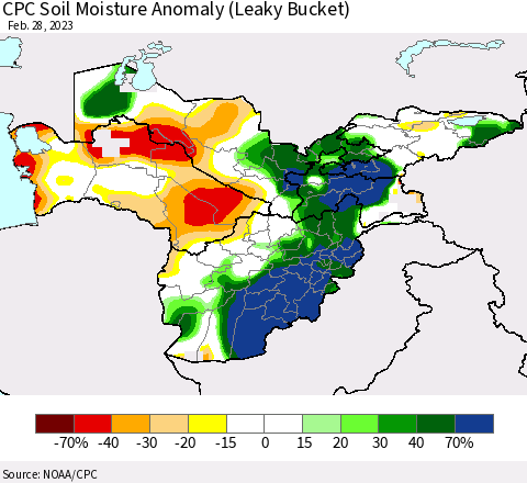 Central Asia CPC Soil Moisture Anomaly (Leaky Bucket) Thematic Map For 2/26/2023 - 2/28/2023