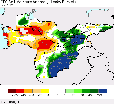 Central Asia CPC Soil Moisture Anomaly (Leaky Bucket) Thematic Map For 3/1/2023 - 3/5/2023