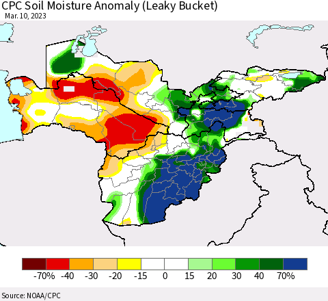 Central Asia CPC Soil Moisture Anomaly (Leaky Bucket) Thematic Map For 3/6/2023 - 3/10/2023