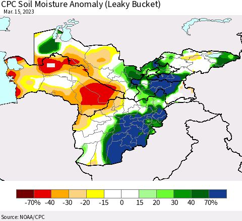 Central Asia CPC Soil Moisture Anomaly (Leaky Bucket) Thematic Map For 3/11/2023 - 3/15/2023