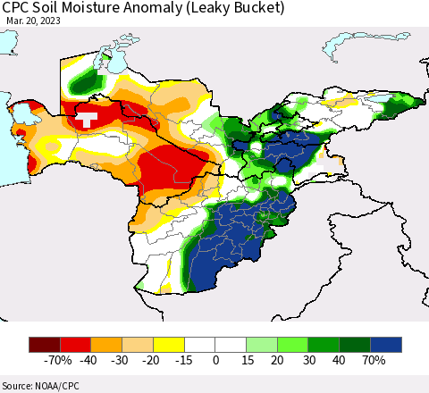 Central Asia CPC Soil Moisture Anomaly (Leaky Bucket) Thematic Map For 3/16/2023 - 3/20/2023