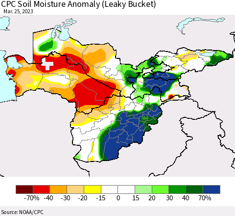 Central Asia CPC Soil Moisture Anomaly (Leaky Bucket) Thematic Map For 3/21/2023 - 3/25/2023