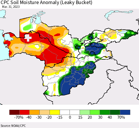 Central Asia CPC Soil Moisture Anomaly (Leaky Bucket) Thematic Map For 3/26/2023 - 3/31/2023