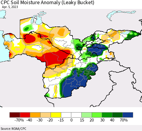 Central Asia CPC Soil Moisture Anomaly (Leaky Bucket) Thematic Map For 4/1/2023 - 4/5/2023