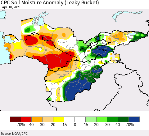 Central Asia CPC Soil Moisture Anomaly (Leaky Bucket) Thematic Map For 4/6/2023 - 4/10/2023