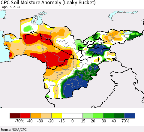 Central Asia CPC Soil Moisture Anomaly (Leaky Bucket) Thematic Map For 4/11/2023 - 4/15/2023