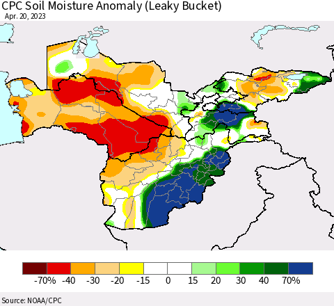 Central Asia CPC Soil Moisture Anomaly (Leaky Bucket) Thematic Map For 4/16/2023 - 4/20/2023