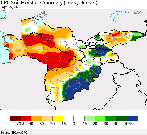 Central Asia CPC Soil Moisture Anomaly (Leaky Bucket) Thematic Map For 4/21/2023 - 4/25/2023