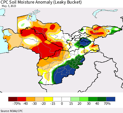 Central Asia CPC Soil Moisture Anomaly (Leaky Bucket) Thematic Map For 5/1/2023 - 5/5/2023