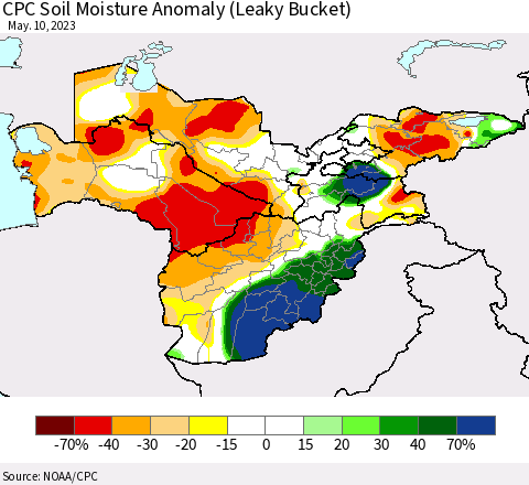 Central Asia CPC Soil Moisture Anomaly (Leaky Bucket) Thematic Map For 5/6/2023 - 5/10/2023