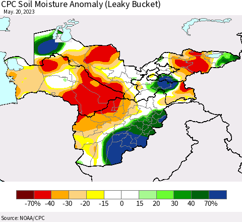 Central Asia CPC Soil Moisture Anomaly (Leaky Bucket) Thematic Map For 5/16/2023 - 5/20/2023