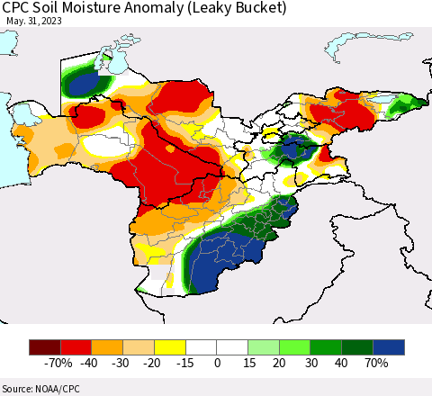 Central Asia CPC Soil Moisture Anomaly (Leaky Bucket) Thematic Map For 5/26/2023 - 5/31/2023