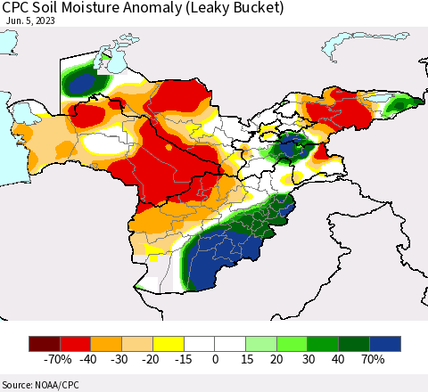 Central Asia CPC Soil Moisture Anomaly (Leaky Bucket) Thematic Map For 6/1/2023 - 6/5/2023