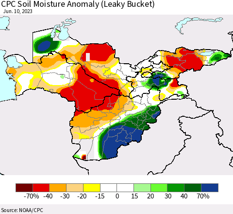 Central Asia CPC Soil Moisture Anomaly (Leaky Bucket) Thematic Map For 6/6/2023 - 6/10/2023