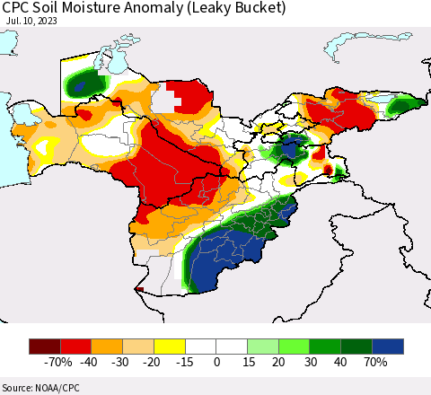 Central Asia CPC Soil Moisture Anomaly (Leaky Bucket) Thematic Map For 7/6/2023 - 7/10/2023