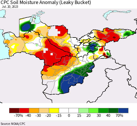Central Asia CPC Soil Moisture Anomaly (Leaky Bucket) Thematic Map For 7/16/2023 - 7/20/2023