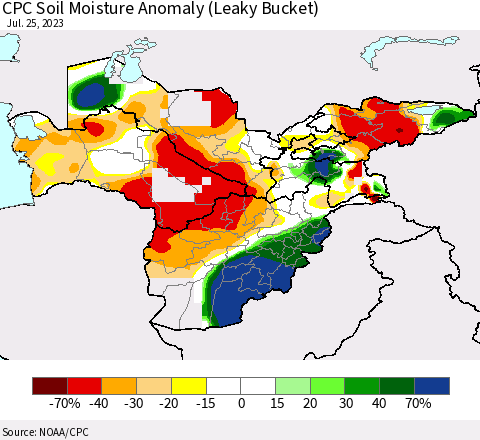 Central Asia CPC Soil Moisture Anomaly (Leaky Bucket) Thematic Map For 7/21/2023 - 7/25/2023