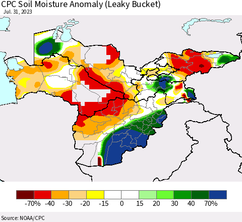 Central Asia CPC Soil Moisture Anomaly (Leaky Bucket) Thematic Map For 7/26/2023 - 7/31/2023