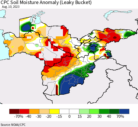 Central Asia CPC Soil Moisture Anomaly (Leaky Bucket) Thematic Map For 8/6/2023 - 8/10/2023