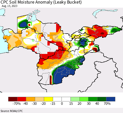 Central Asia CPC Soil Moisture Anomaly (Leaky Bucket) Thematic Map For 8/11/2023 - 8/15/2023