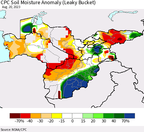 Central Asia CPC Soil Moisture Anomaly (Leaky Bucket) Thematic Map For 8/16/2023 - 8/20/2023