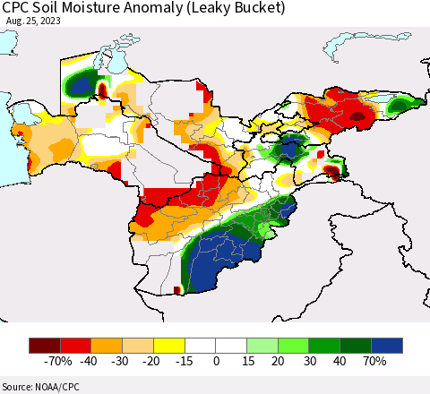 Central Asia CPC Soil Moisture Anomaly (Leaky Bucket) Thematic Map For 8/21/2023 - 8/25/2023