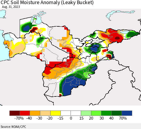 Central Asia CPC Soil Moisture Anomaly (Leaky Bucket) Thematic Map For 8/26/2023 - 8/31/2023
