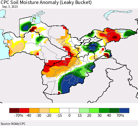 Central Asia CPC Soil Moisture Anomaly (Leaky Bucket) Thematic Map For 9/1/2023 - 9/5/2023