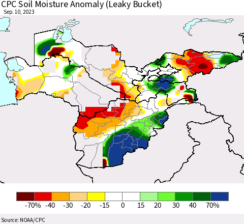 Central Asia CPC Soil Moisture Anomaly (Leaky Bucket) Thematic Map For 9/6/2023 - 9/10/2023