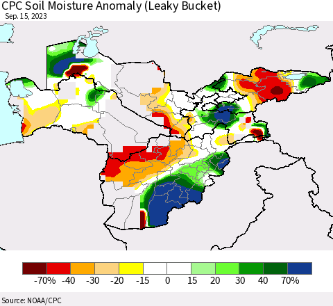 Central Asia CPC Soil Moisture Anomaly (Leaky Bucket) Thematic Map For 9/11/2023 - 9/15/2023