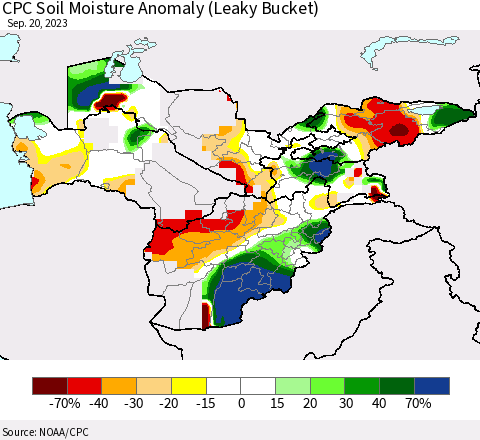 Central Asia CPC Soil Moisture Anomaly (Leaky Bucket) Thematic Map For 9/16/2023 - 9/20/2023