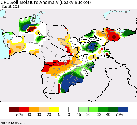 Central Asia CPC Soil Moisture Anomaly (Leaky Bucket) Thematic Map For 9/21/2023 - 9/25/2023