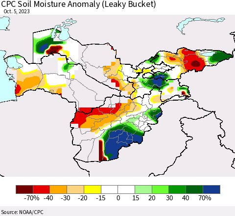 Central Asia CPC Soil Moisture Anomaly (Leaky Bucket) Thematic Map For 10/1/2023 - 10/5/2023