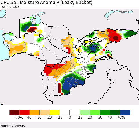Central Asia CPC Soil Moisture Anomaly (Leaky Bucket) Thematic Map For 10/6/2023 - 10/10/2023