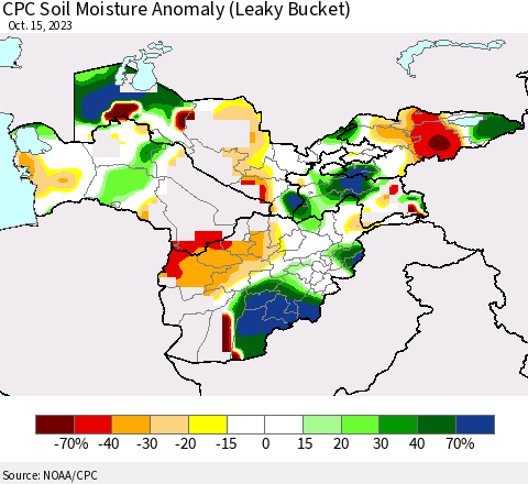 Central Asia CPC Soil Moisture Anomaly (Leaky Bucket) Thematic Map For 10/11/2023 - 10/15/2023