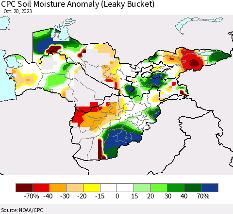 Central Asia CPC Soil Moisture Anomaly (Leaky Bucket) Thematic Map For 10/16/2023 - 10/20/2023