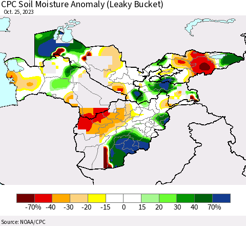 Central Asia CPC Soil Moisture Anomaly (Leaky Bucket) Thematic Map For 10/21/2023 - 10/25/2023