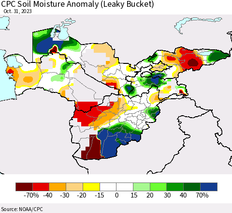 Central Asia CPC Soil Moisture Anomaly (Leaky Bucket) Thematic Map For 10/26/2023 - 10/31/2023
