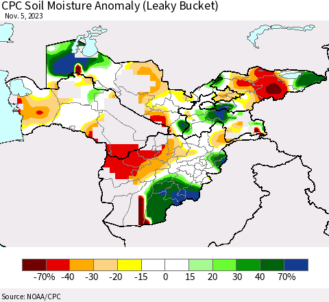 Central Asia CPC Soil Moisture Anomaly (Leaky Bucket) Thematic Map For 11/1/2023 - 11/5/2023