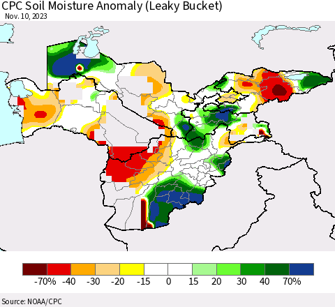 Central Asia CPC Soil Moisture Anomaly (Leaky Bucket) Thematic Map For 11/6/2023 - 11/10/2023