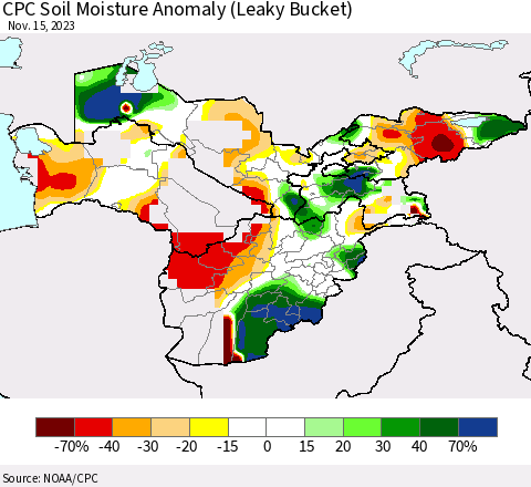 Central Asia CPC Soil Moisture Anomaly (Leaky Bucket) Thematic Map For 11/11/2023 - 11/15/2023