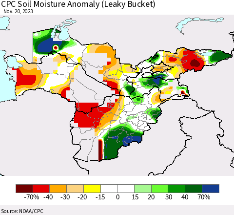 Central Asia CPC Soil Moisture Anomaly (Leaky Bucket) Thematic Map For 11/16/2023 - 11/20/2023
