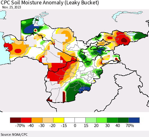 Central Asia CPC Soil Moisture Anomaly (Leaky Bucket) Thematic Map For 11/21/2023 - 11/25/2023