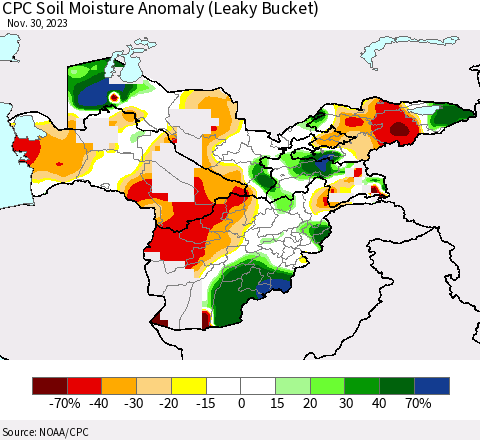 Central Asia CPC Soil Moisture Anomaly (Leaky Bucket) Thematic Map For 11/26/2023 - 11/30/2023