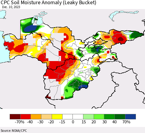 Central Asia CPC Soil Moisture Anomaly (Leaky Bucket) Thematic Map For 12/6/2023 - 12/10/2023