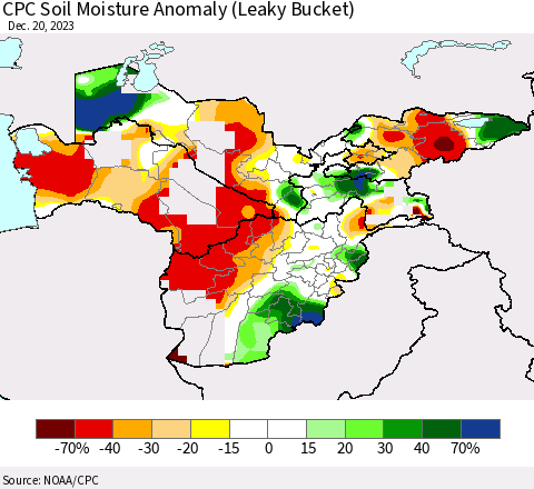 Central Asia CPC Soil Moisture Anomaly (Leaky Bucket) Thematic Map For 12/16/2023 - 12/20/2023
