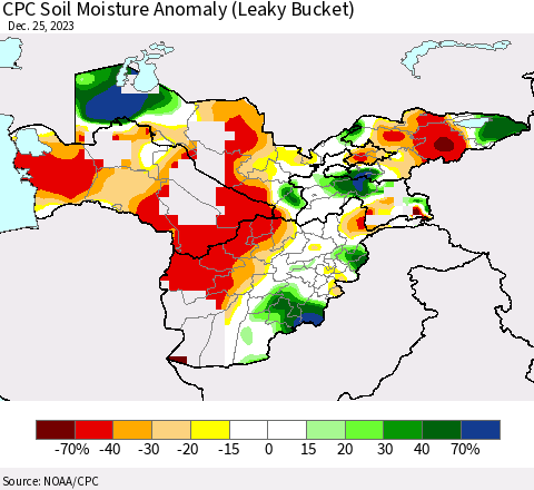 Central Asia CPC Soil Moisture Anomaly (Leaky Bucket) Thematic Map For 12/21/2023 - 12/25/2023