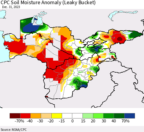 Central Asia CPC Soil Moisture Anomaly (Leaky Bucket) Thematic Map For 12/26/2023 - 12/31/2023