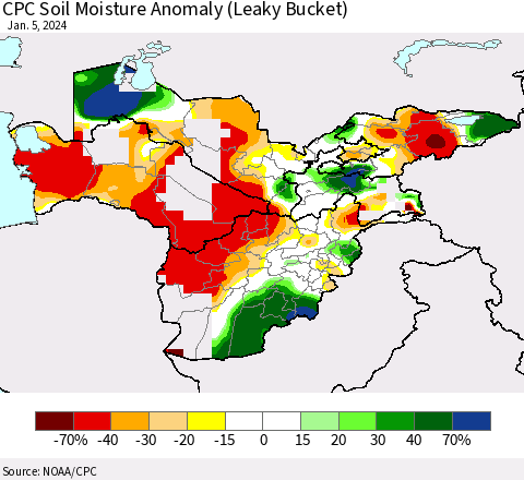 Central Asia CPC Soil Moisture Anomaly (Leaky Bucket) Thematic Map For 1/1/2024 - 1/5/2024